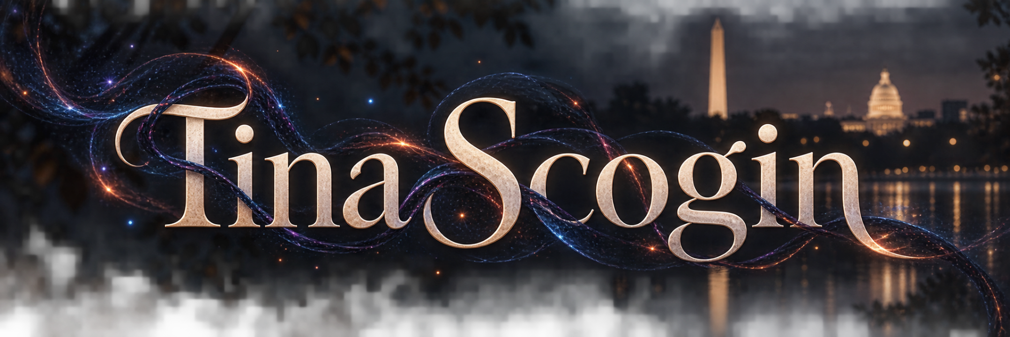 Tina Scogin over a nighttime Washington, DC skyline threaded with aether.