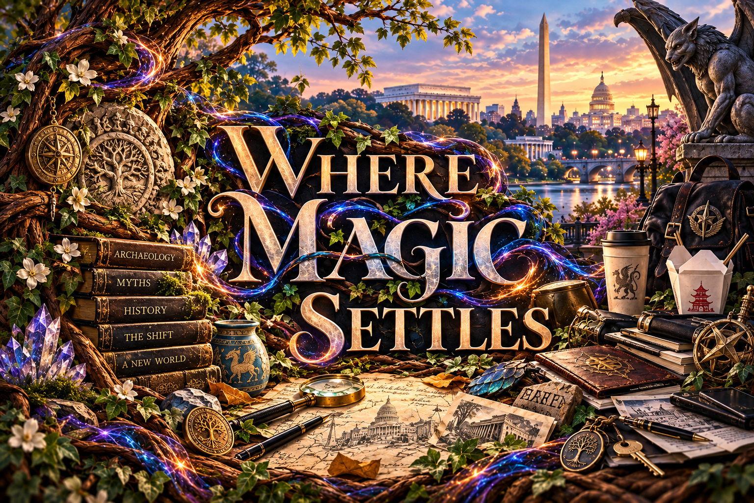 Where Magic Settles collage of modern Washington, DC, history books, magical artifacts, coffee, takeout, and aether.